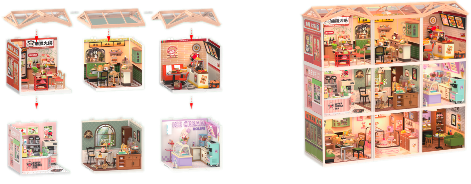 Three Super Creator food shops arranged in a row with a larger nine-room grid expansion example.