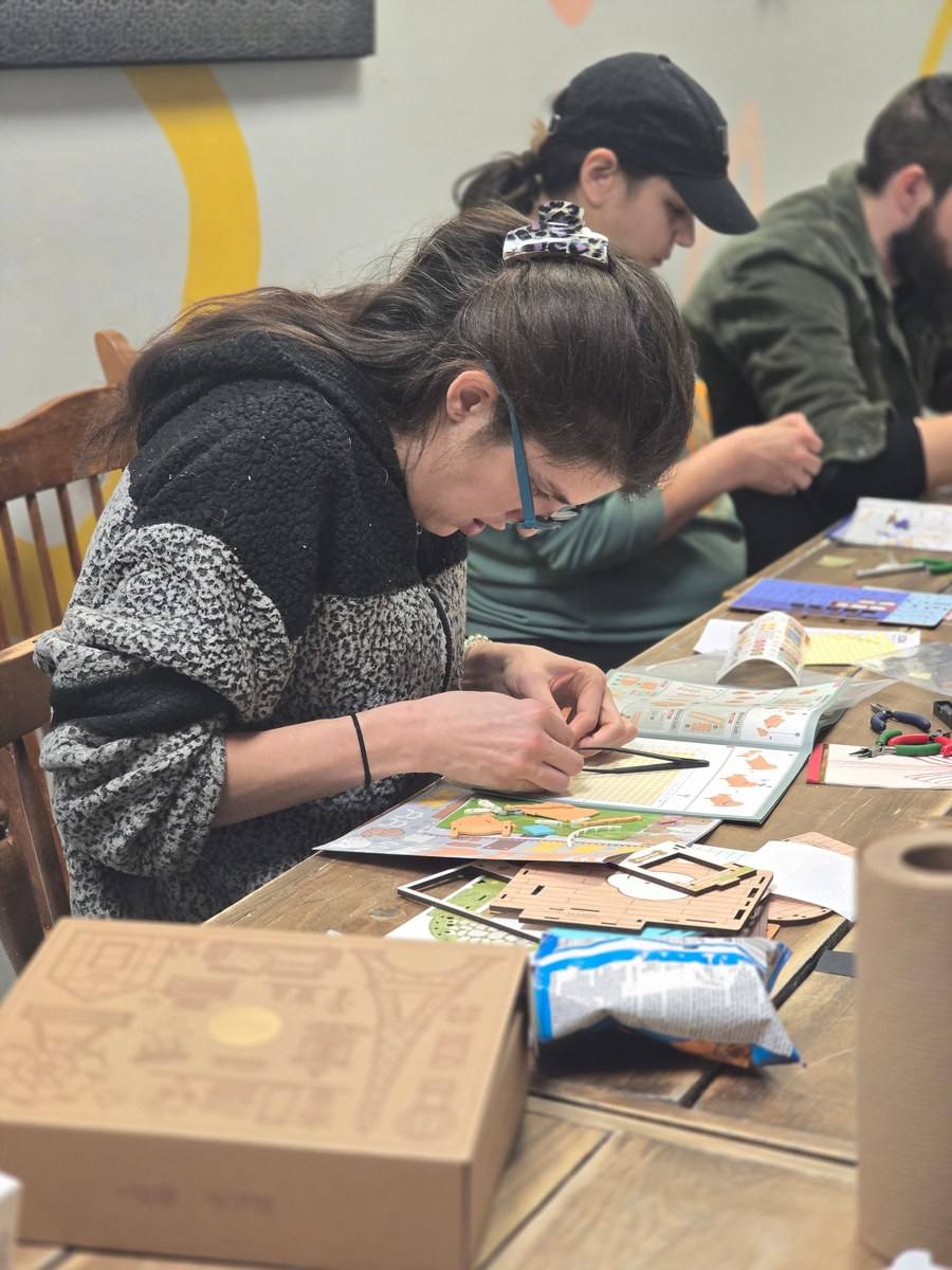 Participant carefully assembling a Rolife miniature scene at the Thunder Bay meetup