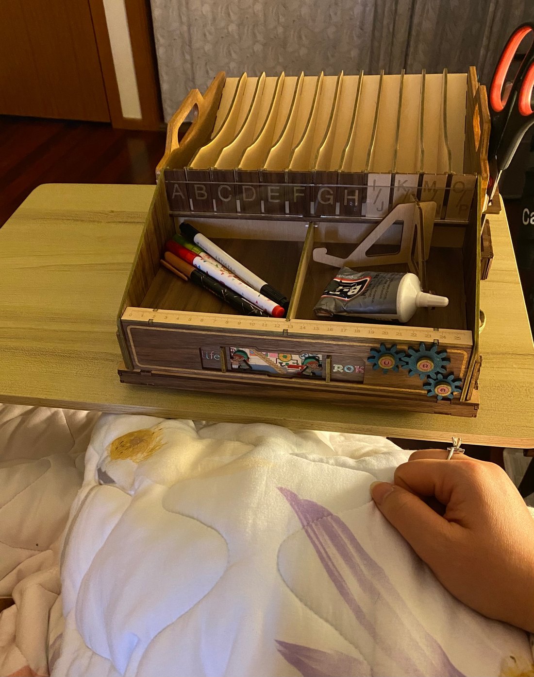 Tricia12's compact crafting tray set up beside the bed