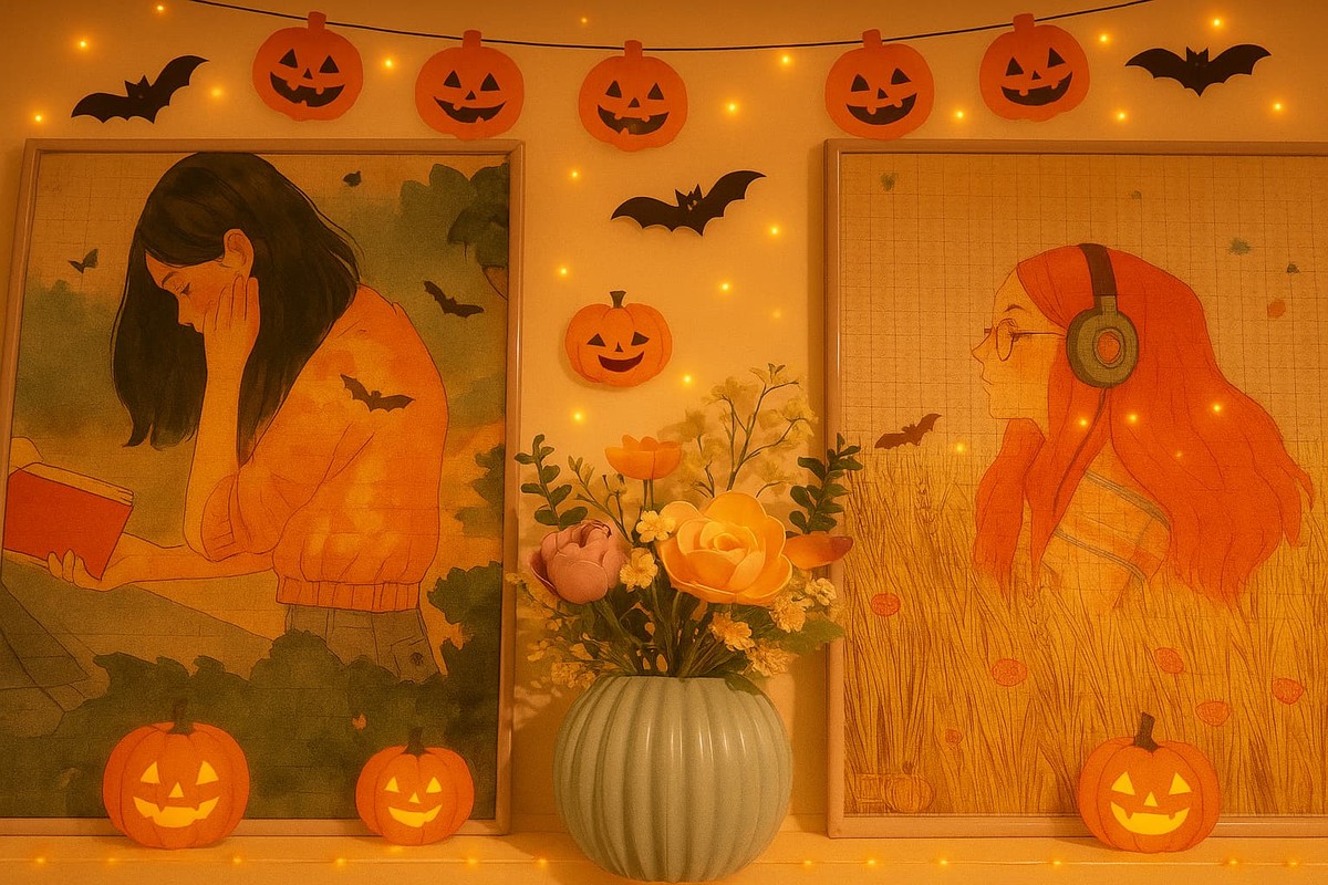 Wenbare cozy Halloween corner with pumpkins and warm lighting