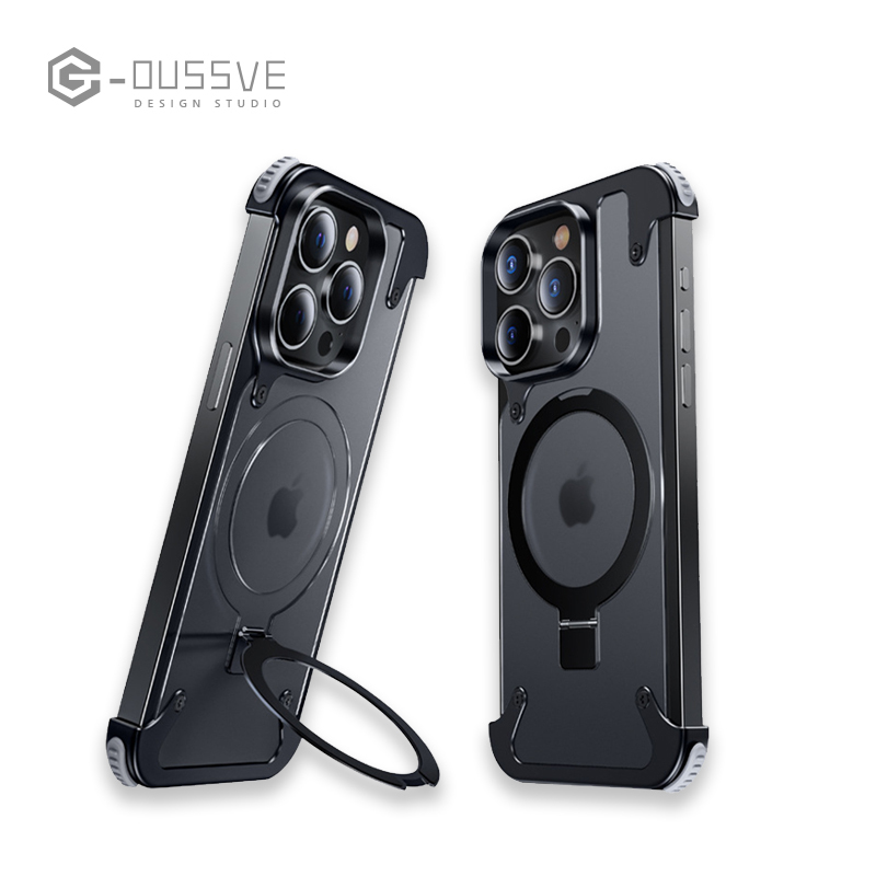 G-OUSSVE｜Borderless Phone Protective Case, Metal Frame, Airbag, Anti Slip Bracket, Apple 14, Suitable for Apple 15 Promax