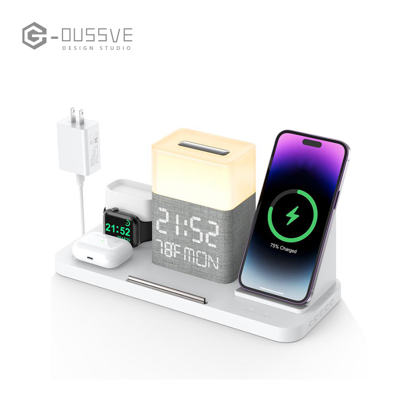 G-OUSSVE｜6 IN 1Fast Charger,Wireless Charging Station For iPhone, Earbuds,iWatch With Night Lamp, Time Clock Digital Mobile Automatic