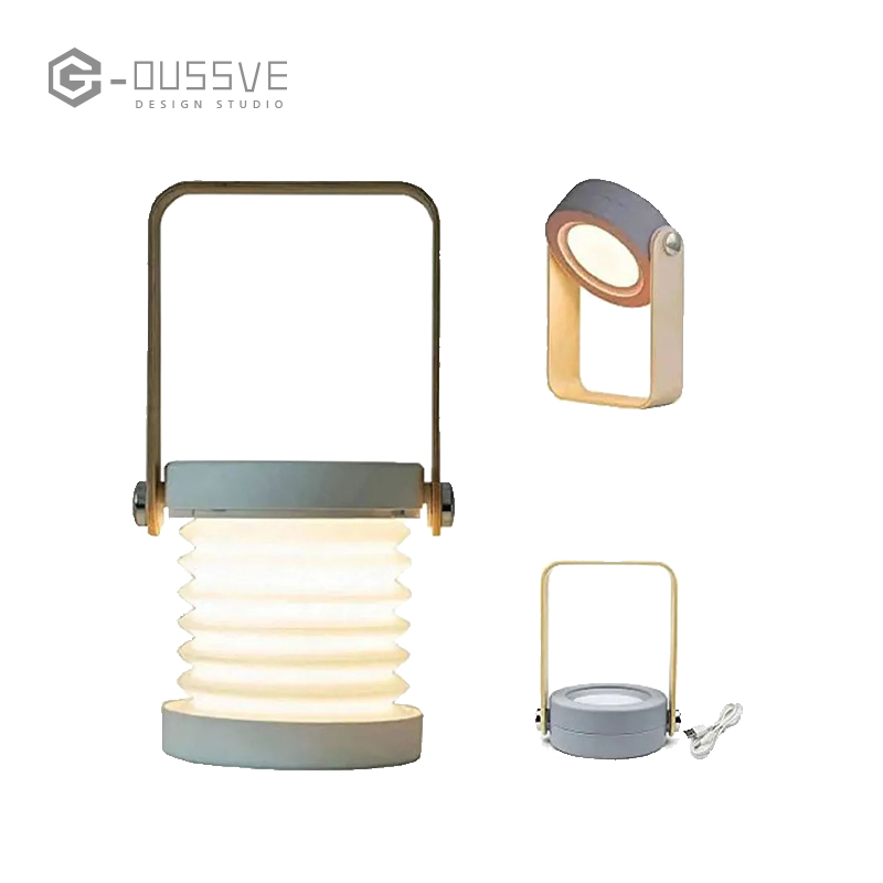 G-OUSSVE｜4-in-1 Foldable Table Lamp USB Retractable LED Light Wooden Handle Portable Lantern Light and Flashlight Touch Control Dimmable 3 Level Brightness Night Light for Reading, Outdoor Camping 