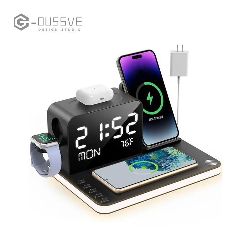 G-OUSSVE｜010 Wireless Charging Station 7 in 1with Digital Clock Bluetooth TimeSync,TouchNight Lamp,Temperature Auto-Adjustment 3owAdapter Compatible with iPhone 15/14/13/12/11All Series & AirPods & iWatch