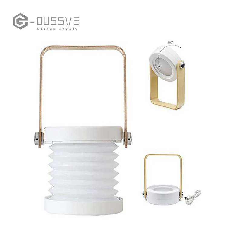 G-OUSSVE｜4-in-1 Foldable Table Lamp USB Retractable LED Light Wooden Handle Portable Lantern Light and Flashlight Touch Control Dimmable 3 Level Brightness Night Light for Reading, Outdoor Camping 