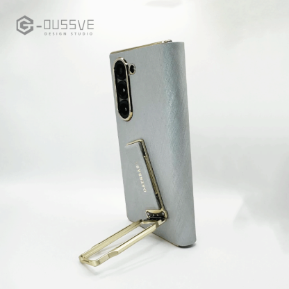 G-OUSSVE｜Dual-strap leather phone case for Samsung Z Fold6, featuring a 360° rotating kickstand for versatile viewing and secure grip. Stylish and functional protection for your foldable device.