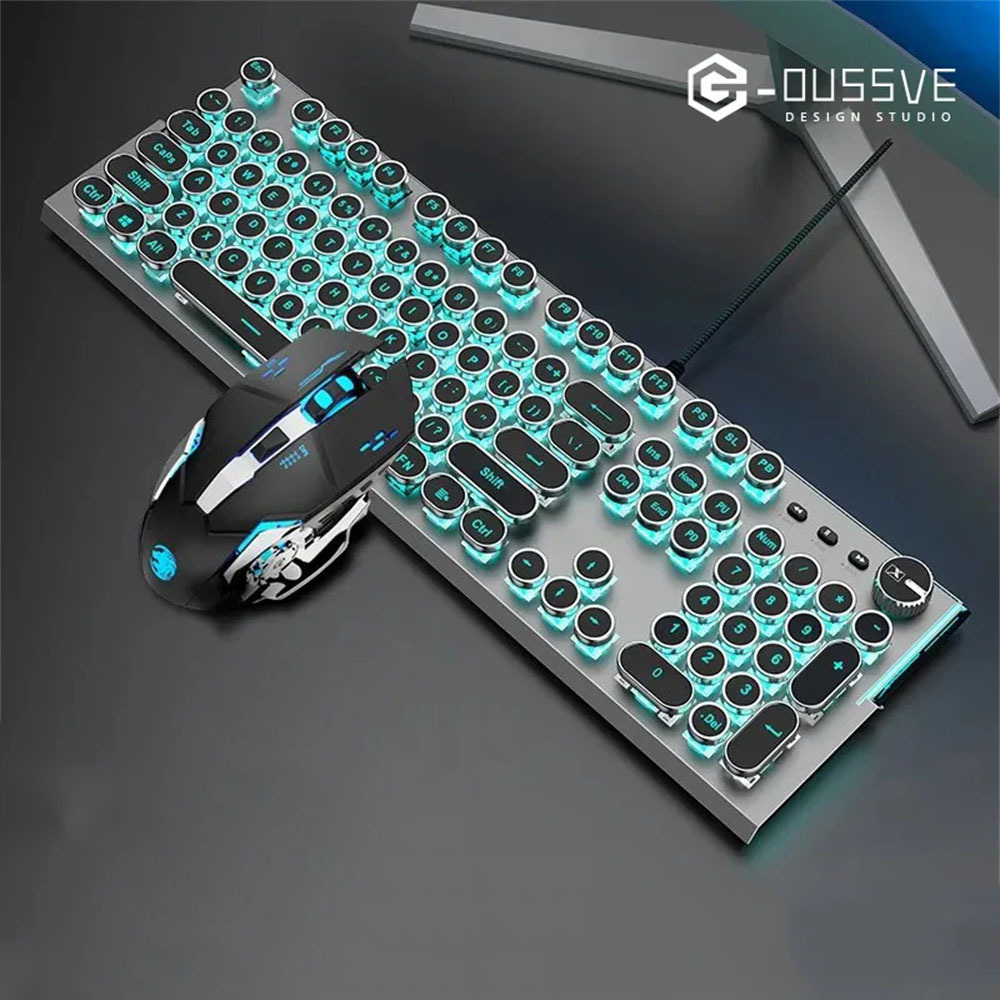 G-OUSSVE｜X60 Steam Transparent Punk Vintage Mechanical Keyboard and Mouse Set Game Office Titanium Alloy Keyboard with Knob