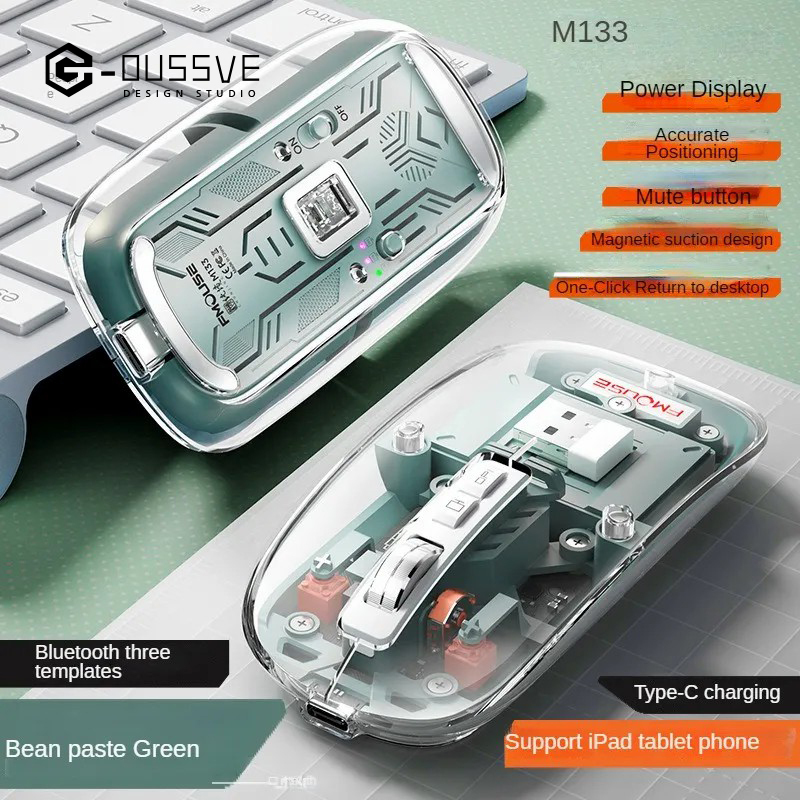 G-OUSSVE｜Wireless Rechargeable Bluetooth Mouse BT1 BT2 2.4G Hidden USB Receiver Transparent Clear Cool Shell 4 DPI Adjustable Mute Click, Mini Portable for Business Home&Office PC Win/Mac/Laptop