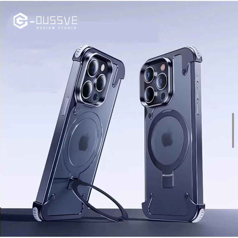 G-OUSSVE｜Borderless Phone Protective Case, Metal Frame, Airbag, Anti Slip Bracket, Apple 14, Suitable for Apple 15 Promax