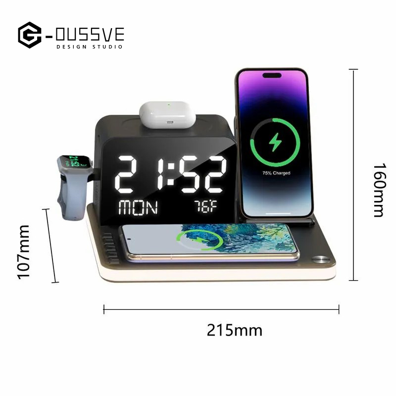 G-OUSSVE｜010 Wireless Charging Station 7 in 1with Digital Clock Bluetooth TimeSync,TouchNight Lamp,Temperature Auto-Adjustment 3owAdapter Compatible with iPhone 15/14/13/12/11All Series & AirPods & iWatch