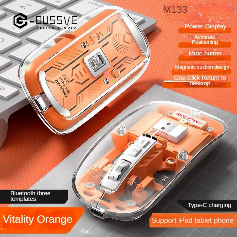 G-OUSSVE｜Wireless Rechargeable Bluetooth Mouse BT1 BT2 2.4G Hidden USB Receiver Transparent Clear Cool Shell 4 DPI Adjustable Mute Click, Mini Portable for Business Home&Office PC Win/Mac/Laptop