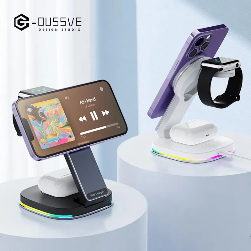 G-OUSSVE｜Magsafe three-in-one wireless charger bracket is suitable for Apple 15 magnetic fast charging apple watch watch metal iPhone 14 charging stand folding portable airpods headphones