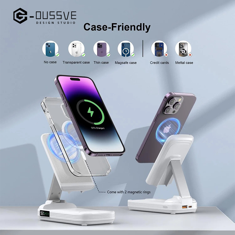 G-OUSSVE｜5 in 1 Wireless Charging Station with 10000mAh Power Bank Digital Display Automatic Magnetic 20W Fast Charger Station Stand Compatible with iPhone 15/14/13/12 All Series & AirPods & iWatch