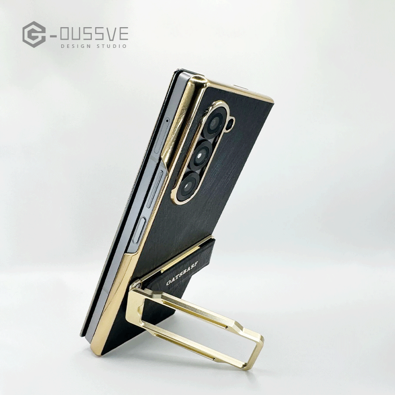 G-OUSSVE|Dual-strap leather phone case for Samsung Z Fold6, featuring a 360° rotating kickstand for versatile viewing and secure grip. Stylish and functional protection for your foldable device.