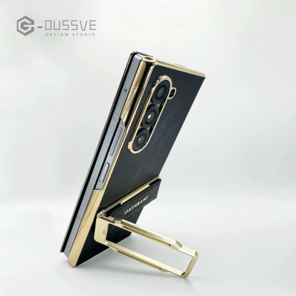 G-OUSSVE｜Dual-strap leather phone case for Samsung Z Fold6, featuring a 360° rotating kickstand for versatile viewing and secure grip. Stylish and functional protection for your foldable device.