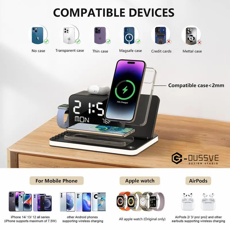 G-OUSSVE｜010 Wireless Charging Station 7 in 1with Digital Clock Bluetooth TimeSync,TouchNight Lamp,Temperature Auto-Adjustment 3owAdapter Compatible with iPhone 15/14/13/12/11All Series & AirPods & iWatch