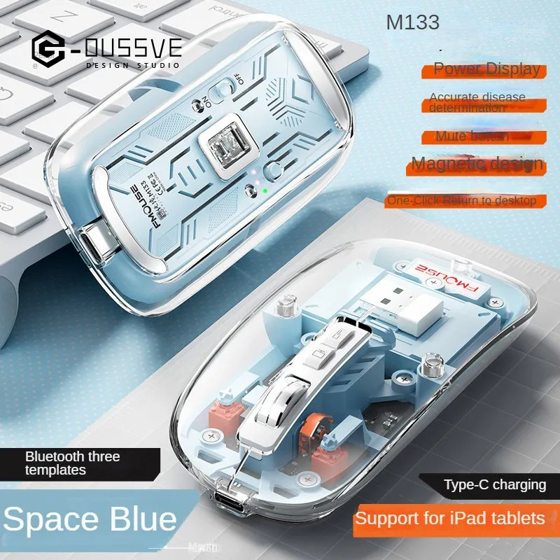 G-OUSSVE｜Wireless Rechargeable Bluetooth Mouse BT1 BT2 2.4G Hidden USB Receiver Transparent Clear Cool Shell 4 DPI Adjustable Mute Click, Mini Portable for Business Home&Office PC Win/Mac/Laptop