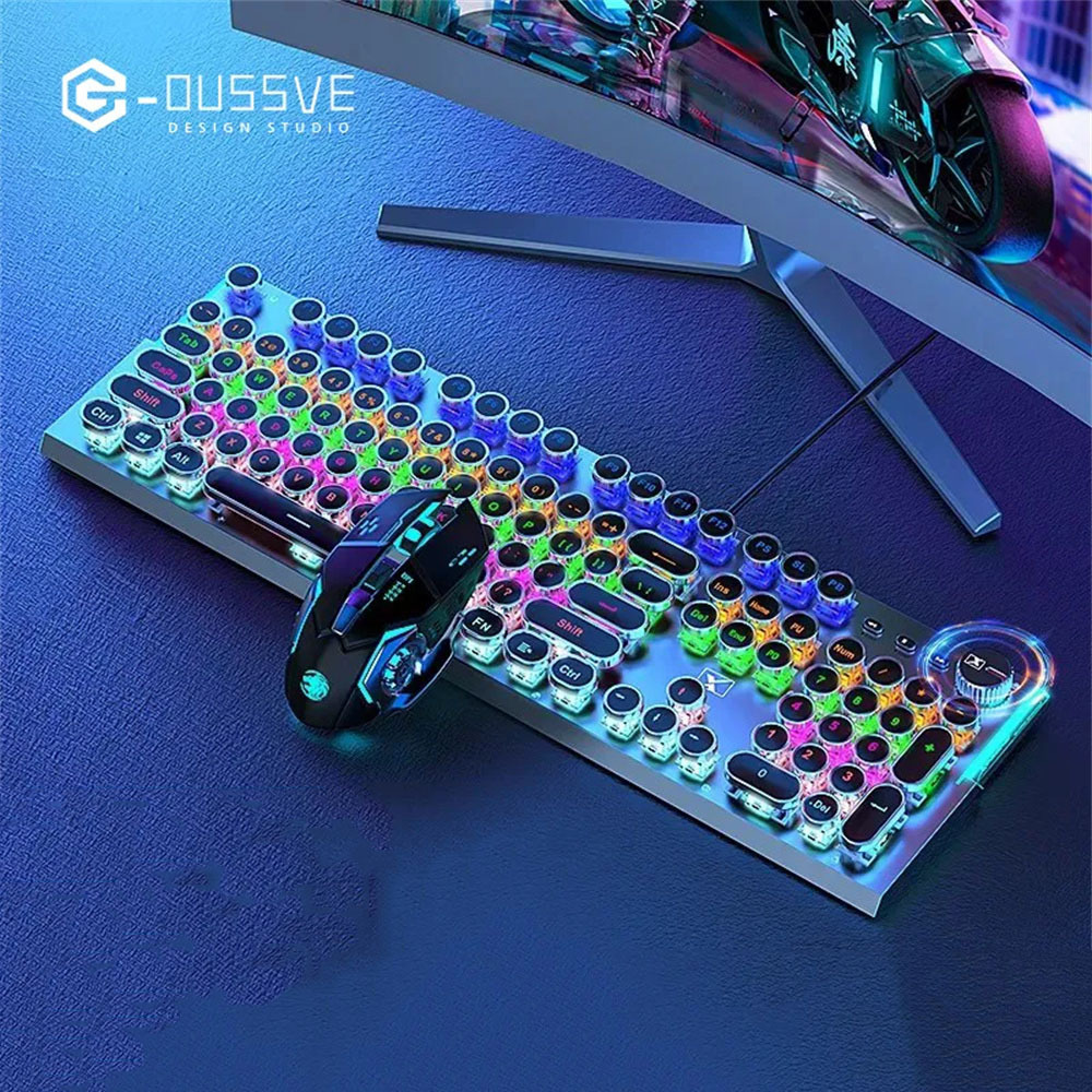 G-OUSSVE｜X60 Steam Transparent Punk Vintage Mechanical Keyboard and Mouse Set Game Office Titanium Alloy Keyboard with Knob