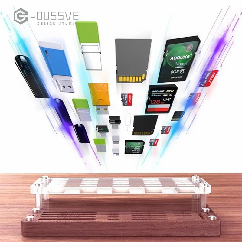 G-OUSSVE｜Transparent Wood SD Memory Card Storage Case, TF USB Disk, Type C SIM Card Pick-up Needle, Storage, Sorting Protective Base