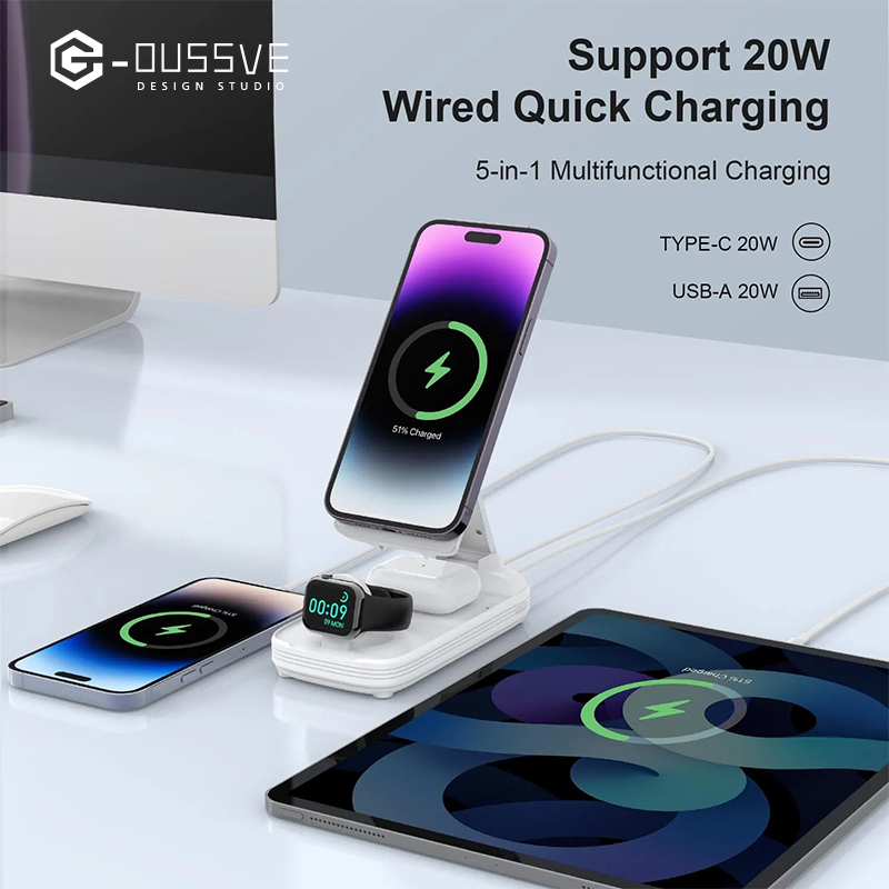 G-OUSSVE｜5 in 1 Wireless Charging Station with 10000mAh Power Bank Digital Display Automatic Magnetic 20W Fast Charger Station Stand Compatible with iPhone 15/14/13/12 All Series & AirPods & iWatch