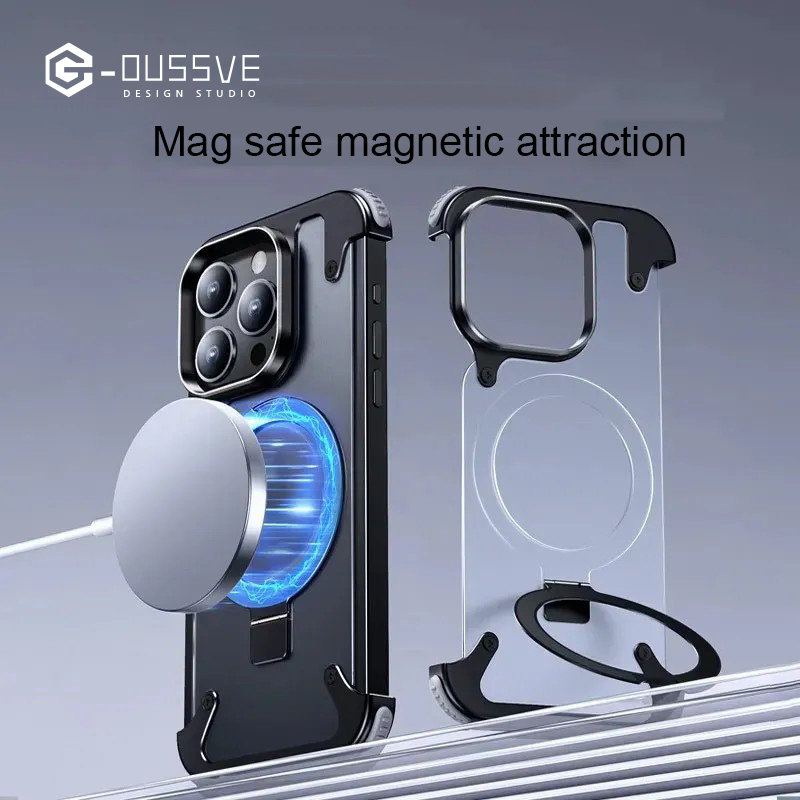 G-OUSSVE｜Borderless Phone Protective Case, Metal Frame, Airbag, Anti Slip Bracket, Apple 14, Suitable for Apple 15 Promax