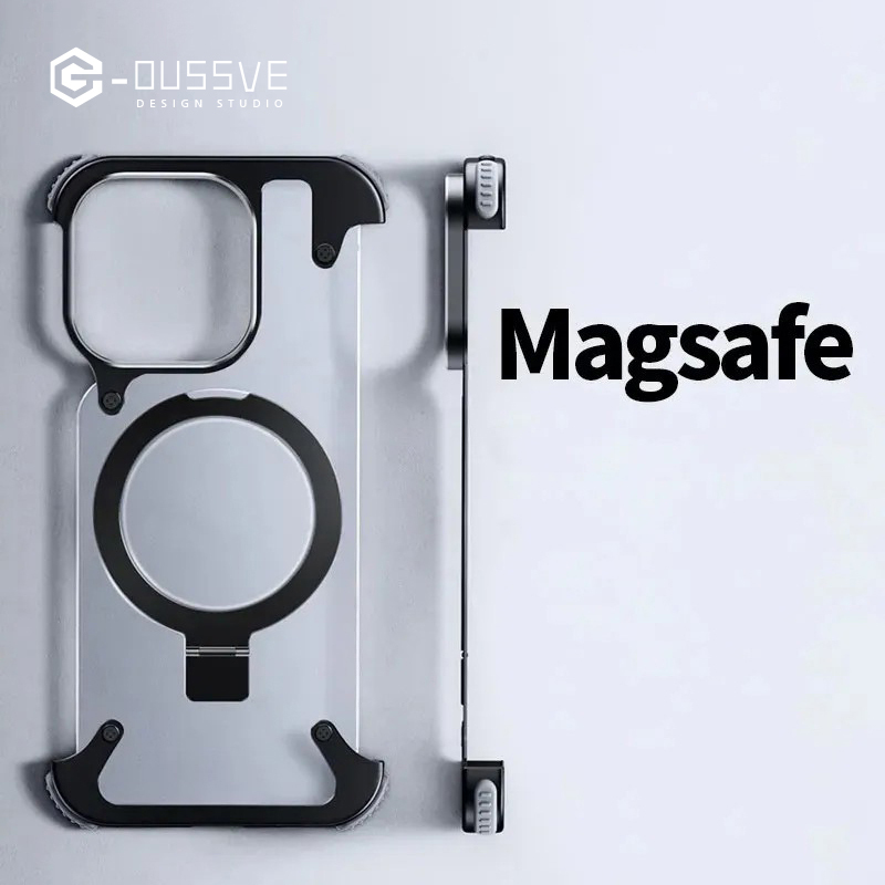 G-OUSSVE｜Borderless Phone Protective Case, Metal Frame, Airbag, Anti Slip Bracket, Apple 14, Suitable for Apple 15 Promax
