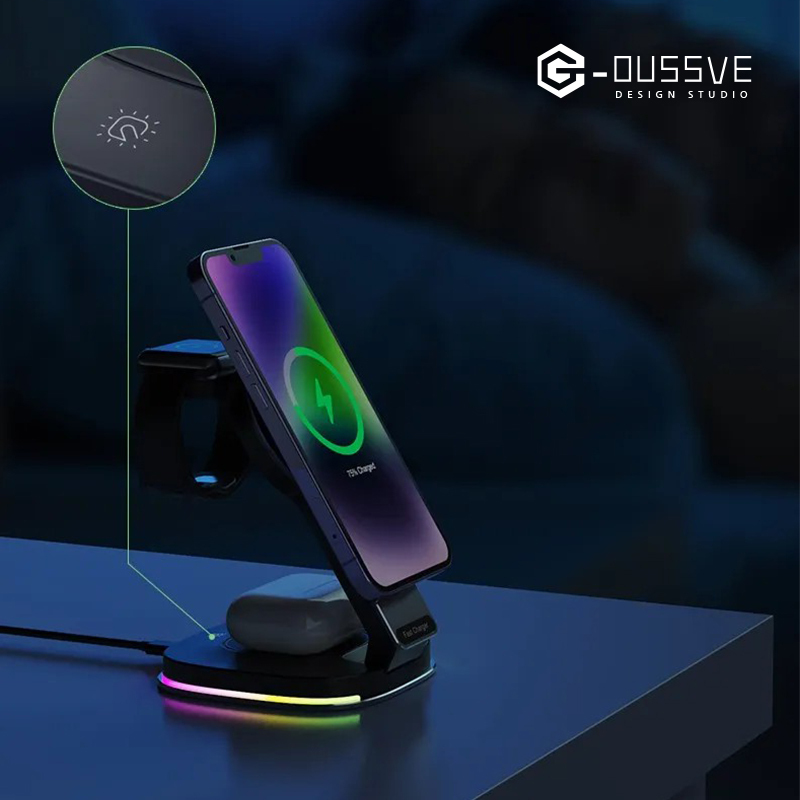 G-OUSSVE｜Magsafe three-in-one wireless charger bracket is suitable for Apple 15 magnetic fast charging apple watch watch metal iPhone 14 charging stand folding portable airpods headphones