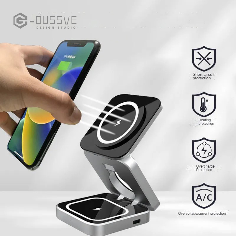 G-OUSSVE｜3 in 1 Wireless Charger Stand Magnetic Folding Stand for Apple iPhones Headphones Watch 