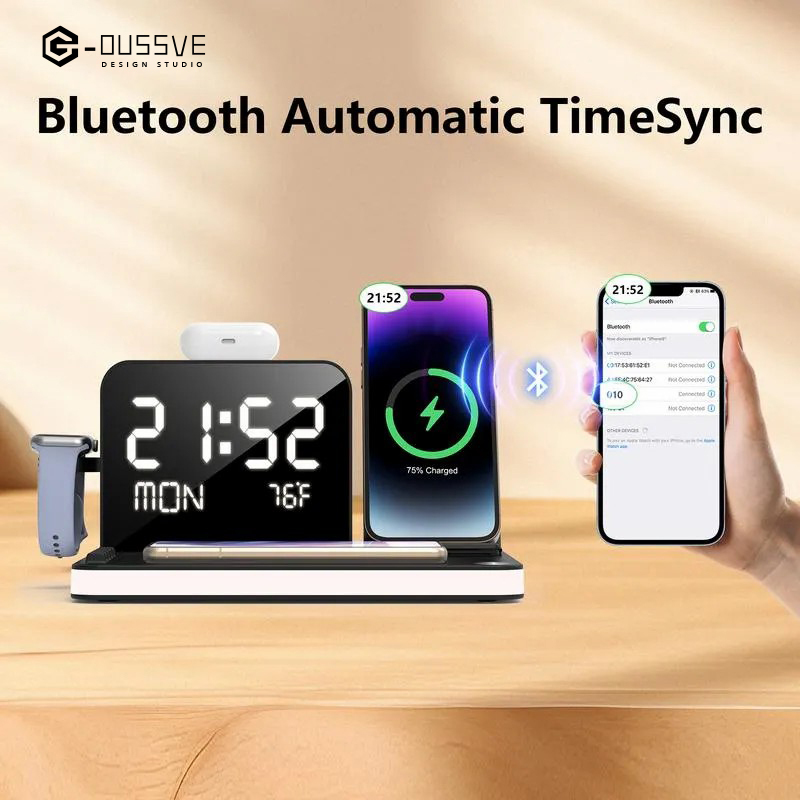 G-OUSSVE｜010 Wireless Charging Station 7 in 1with Digital Clock Bluetooth TimeSync,TouchNight Lamp,Temperature Auto-Adjustment 3owAdapter Compatible with iPhone 15/14/13/12/11All Series & AirPods & iWatch