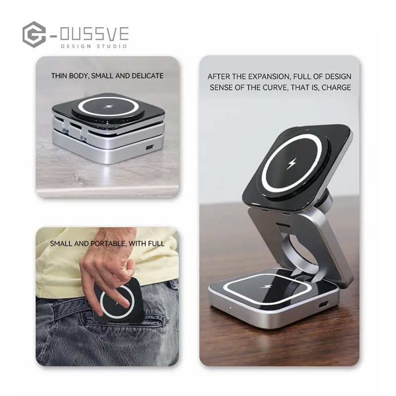 G-OUSSVE｜3 in 1 Wireless Charger Stand Magnetic Folding Stand for Apple iPhones Headphones Watch 