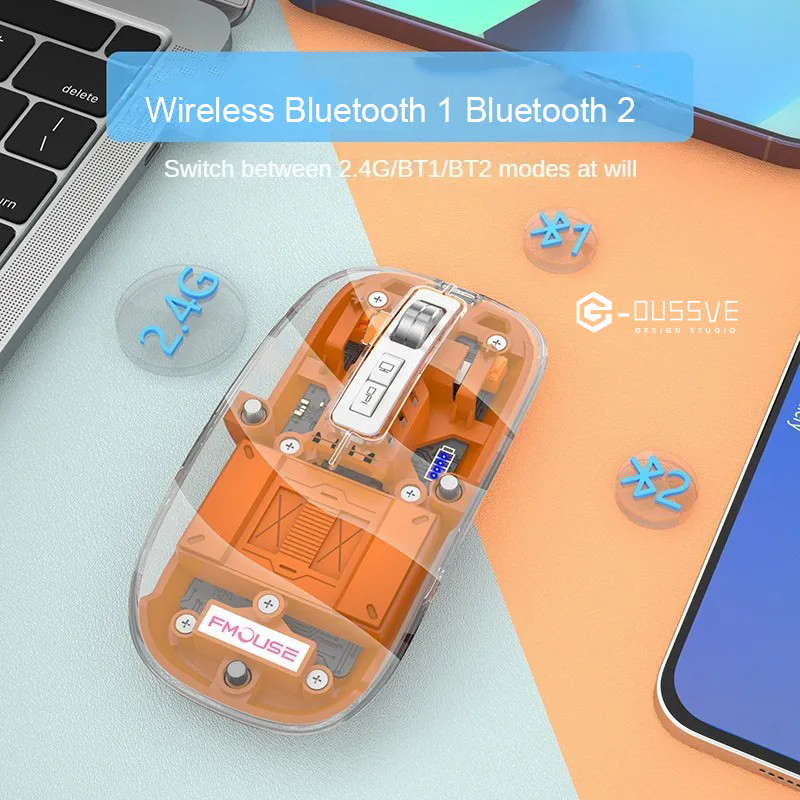 G-OUSSVE｜Wireless Rechargeable Bluetooth Mouse BT1 BT2 2.4G Hidden USB Receiver Transparent Clear Cool Shell 4 DPI Adjustable Mute Click, Mini Portable for Business Home&Office PC Win/Mac/Laptop