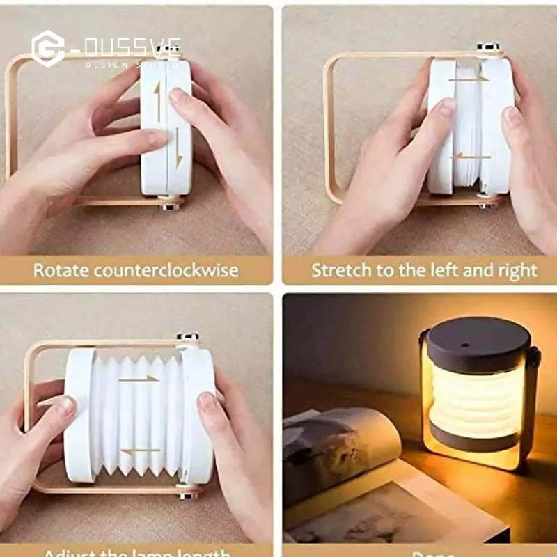G-OUSSVE｜4-in-1 Foldable Table Lamp USB Retractable LED Light Wooden Handle Portable Lantern Light and Flashlight Touch Control Dimmable 3 Level Brightness Night Light for Reading, Outdoor Camping 