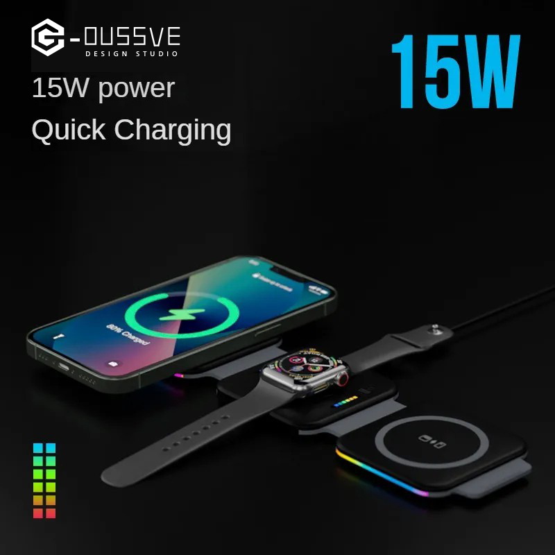 G-OUSSVE｜3 in 1 Wireless Charger for iPhone,Magnetic Foldable 3 in 1 Charging Station,Travel Charger for Multple Devices for iPhone 15/14/13/12 Series,AirPods Pro,iWatch