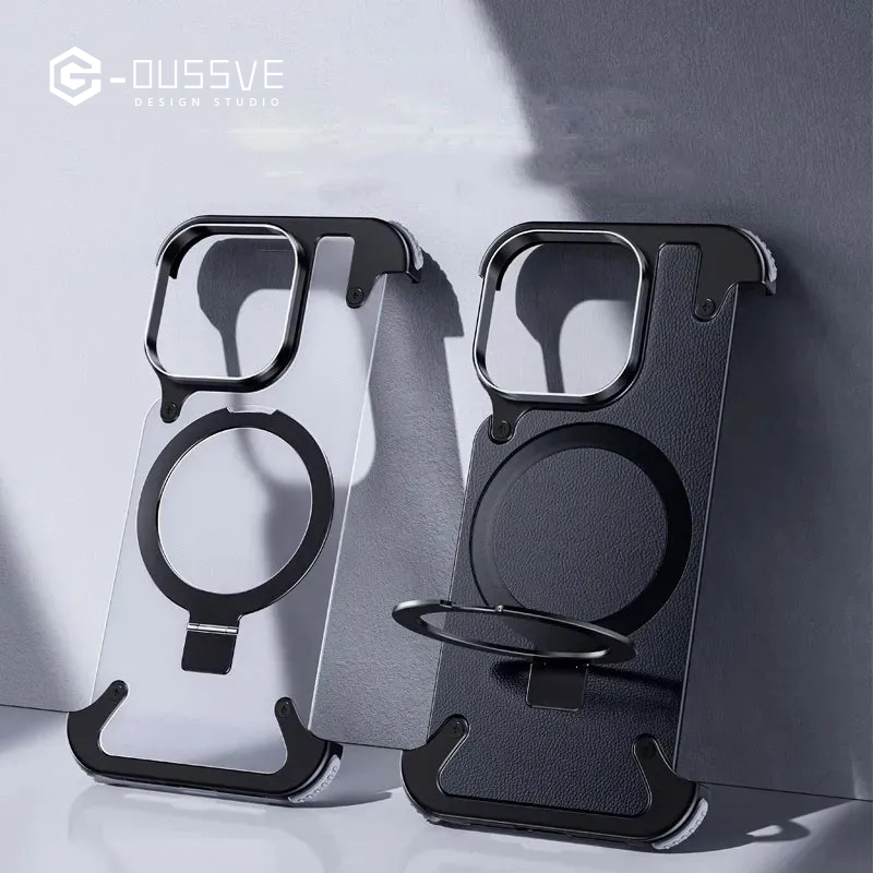 G-OUSSVE｜Borderless Phone Protective Case, Metal Frame, Airbag, Anti Slip Bracket, Apple 14, Suitable for Apple 15 Promax