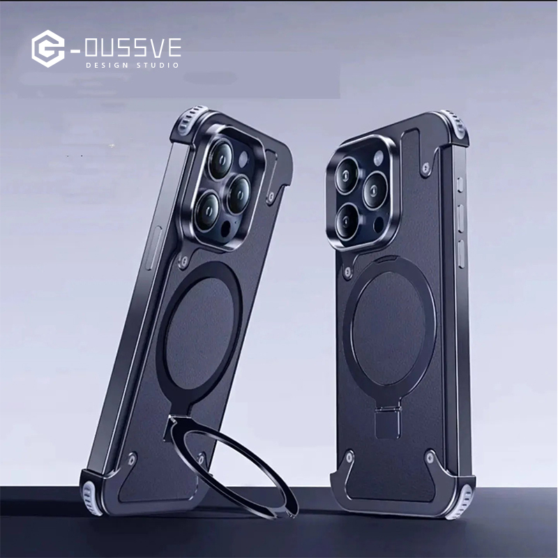 G-OUSSVE｜Borderless Phone Protective Case, Metal Frame, Airbag, Anti Slip Bracket, Apple 14, Suitable for Apple 15 Promax