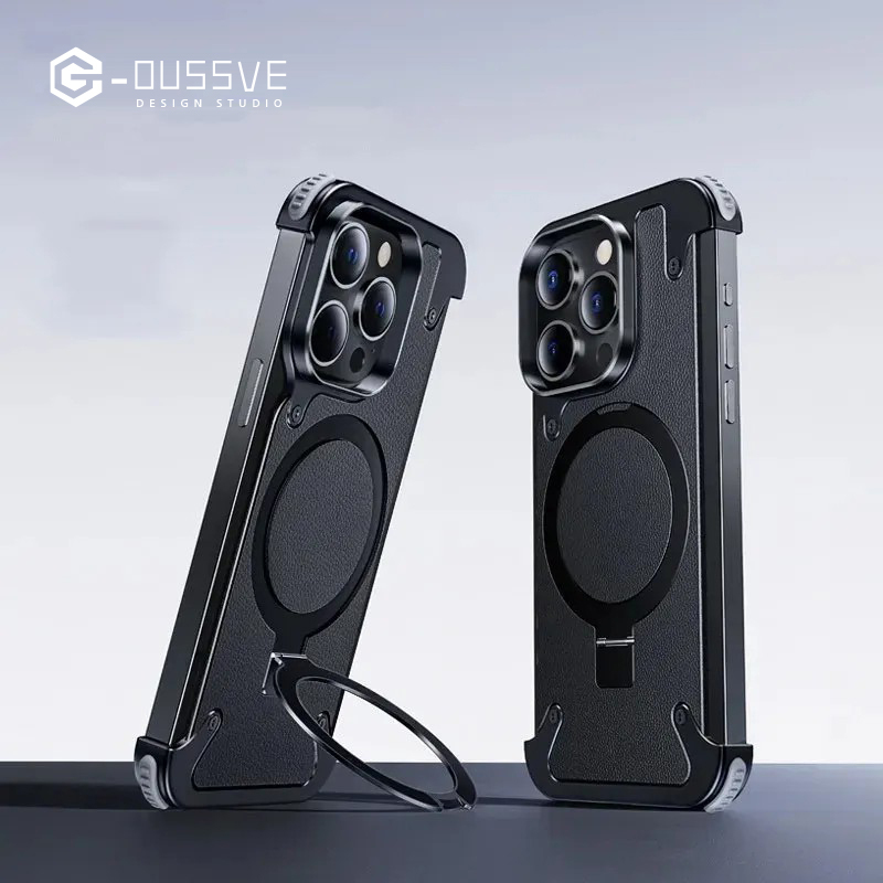 G-OUSSVE｜Borderless Phone Protective Case, Metal Frame, Airbag, Anti Slip Bracket, Apple 14, Suitable for Apple 15 Promax