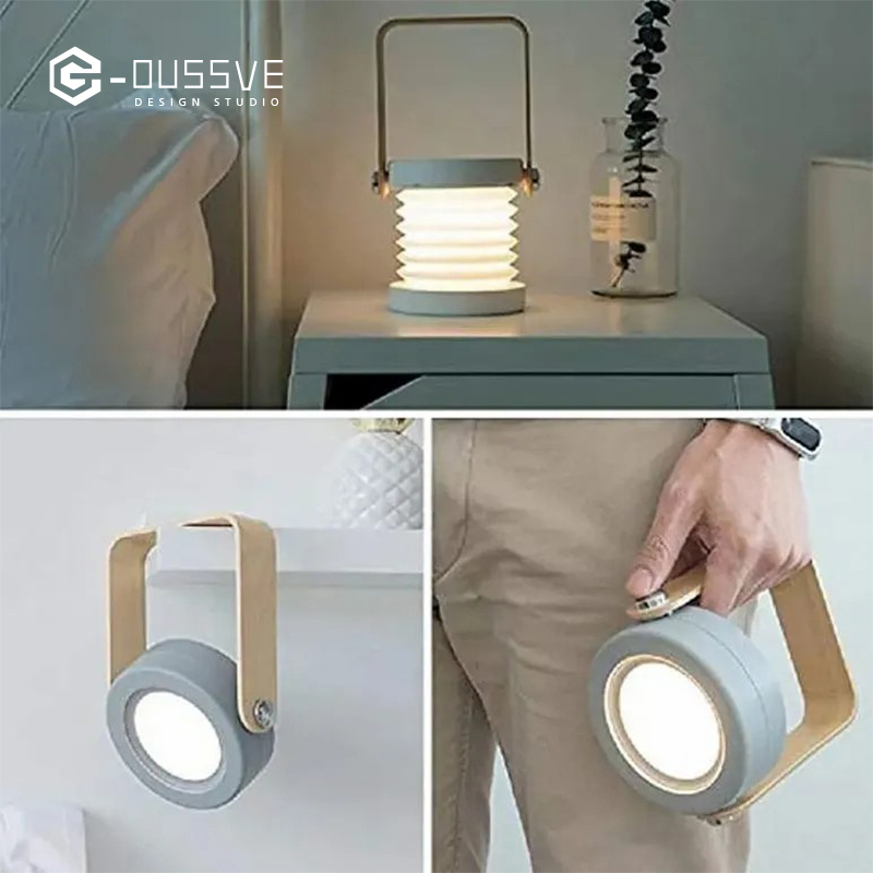 G-OUSSVE｜4-in-1 Foldable Table Lamp USB Retractable LED Light Wooden Handle Portable Lantern Light and Flashlight Touch Control Dimmable 3 Level Brightness Night Light for Reading, Outdoor Camping 