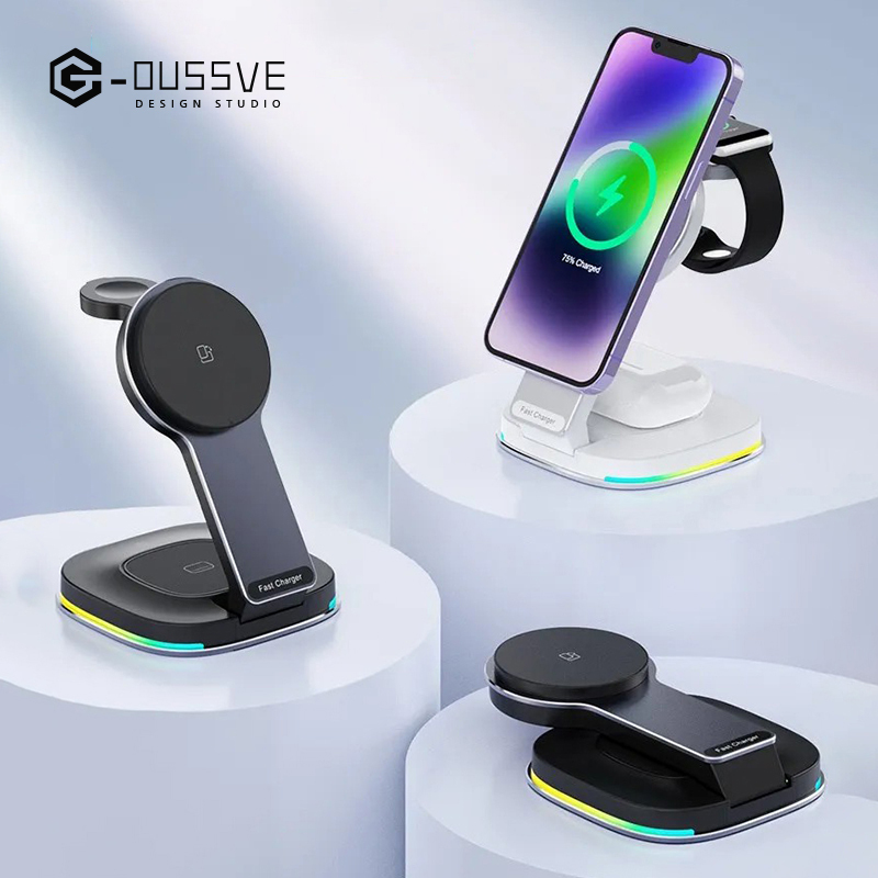 G-OUSSVE｜Magsafe three-in-one wireless charger bracket is suitable for Apple 15 magnetic fast charging apple watch watch metal iPhone 14 charging stand folding portable airpods headphones