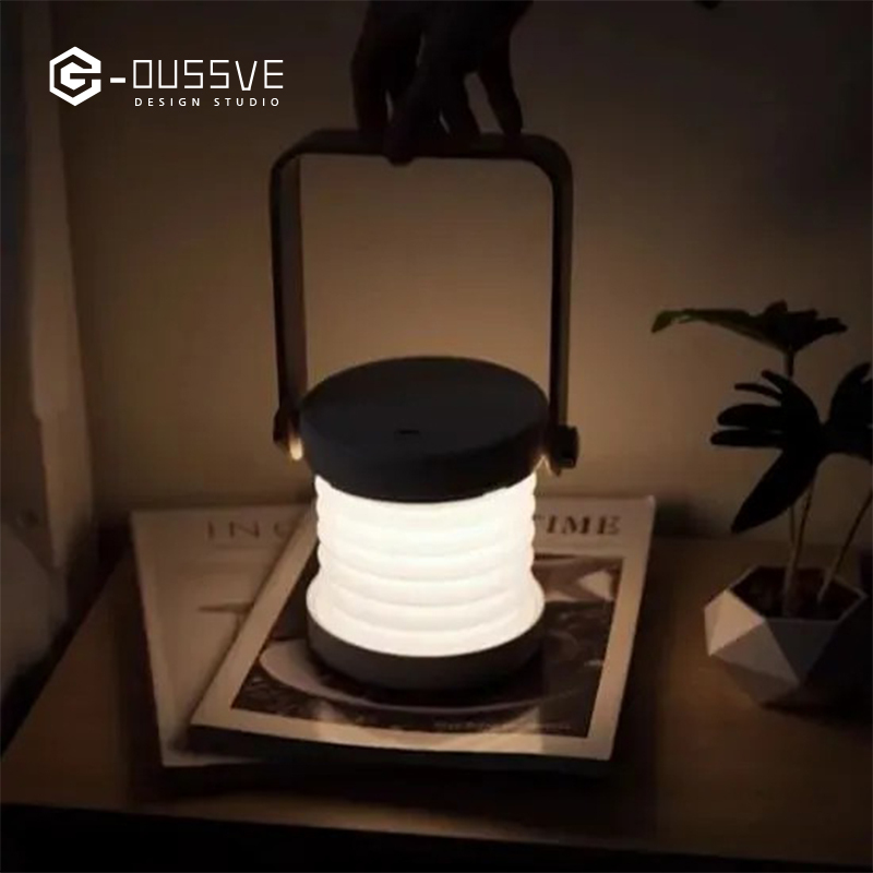 G-OUSSVE｜4-in-1 Foldable Table Lamp USB Retractable LED Light Wooden Handle Portable Lantern Light and Flashlight Touch Control Dimmable 3 Level Brightness Night Light for Reading, Outdoor Camping 