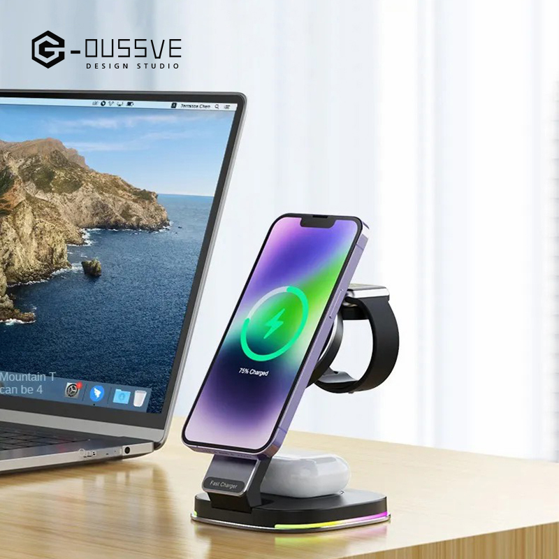 G-OUSSVE｜Magsafe three-in-one wireless charger bracket is suitable for Apple 15 magnetic fast charging apple watch watch metal iPhone 14 charging stand folding portable airpods headphones