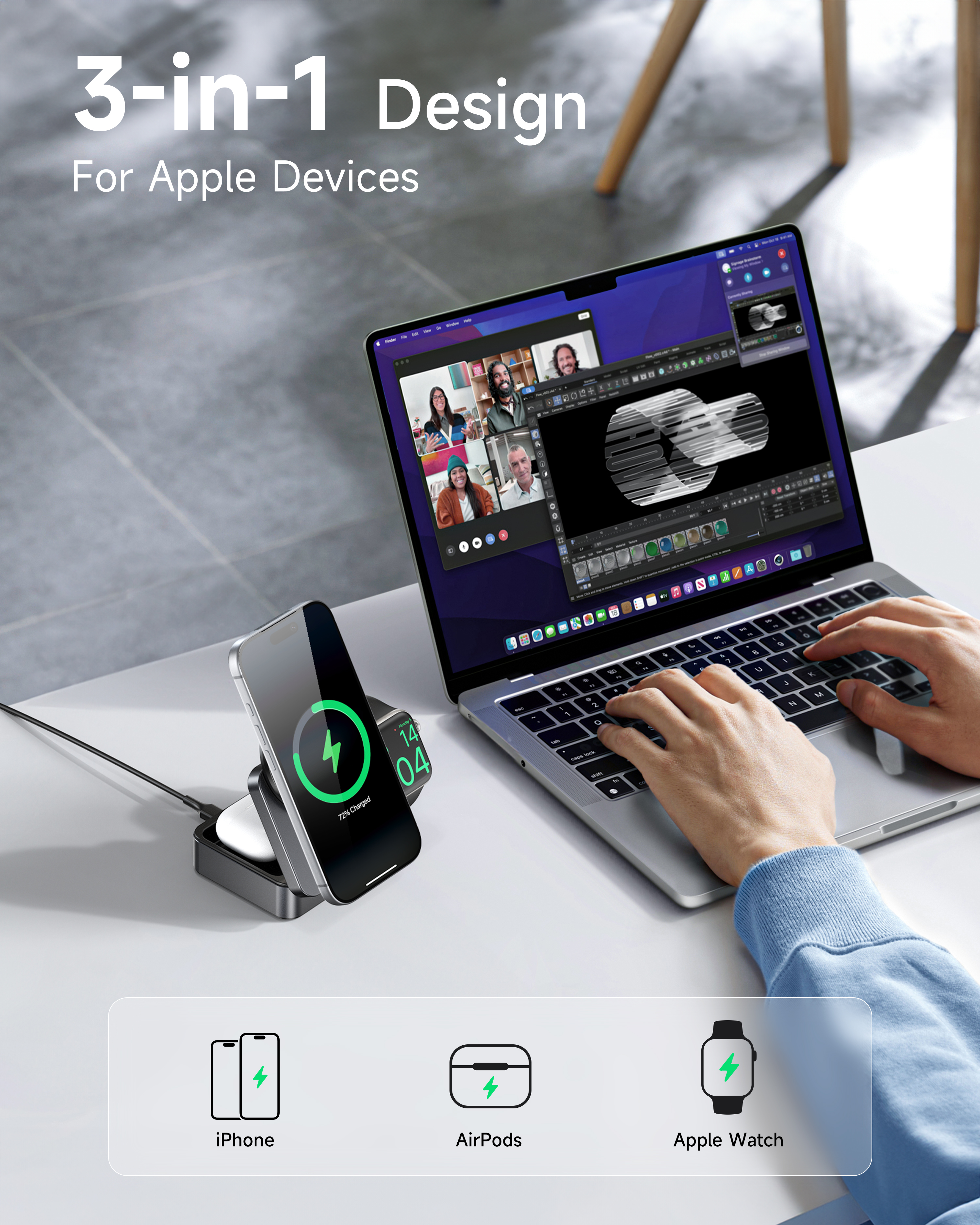 G-OUSSVE | 3-in-1 Foldable Magnetic Wireless Charging Station Qi2 Certified 15W Travel Charger Stand Dock for iPhone 17/16/15/14/13/12 Series Apple Watch AirPods