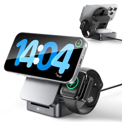 G-OUSSVE | 3-in-1 Foldable Magnetic Wireless Charging Station Qi2 Certified 15W Travel Charger Stand Dock for iPhone 17/16/15/14/13/12 Series Apple Watch AirPods