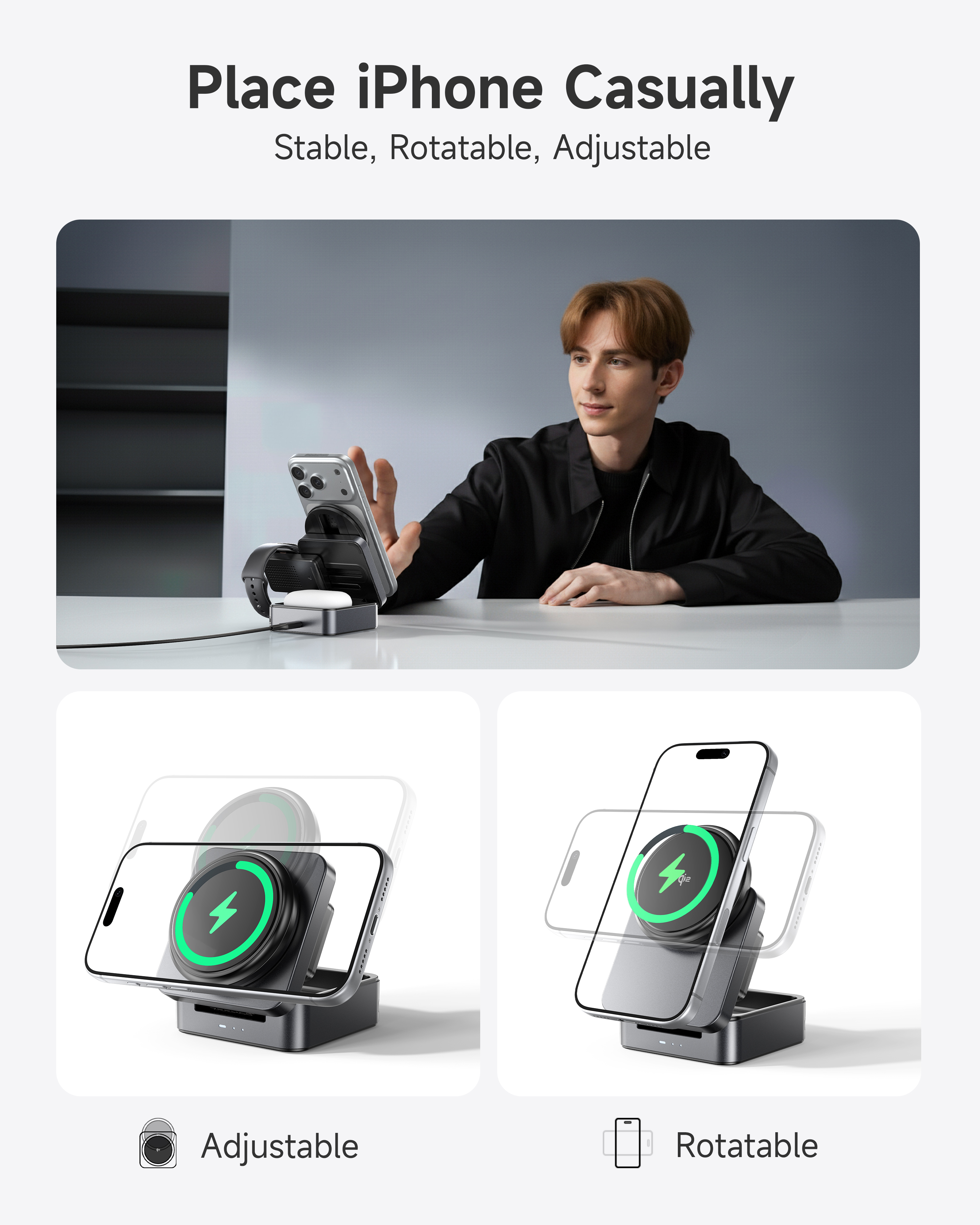 G-OUSSVE | 3-in-1 Foldable Magnetic Wireless Charging Station Qi2 Certified 15W Travel Charger Stand Dock for iPhone 17/16/15/14/13/12 Series Apple Watch AirPods