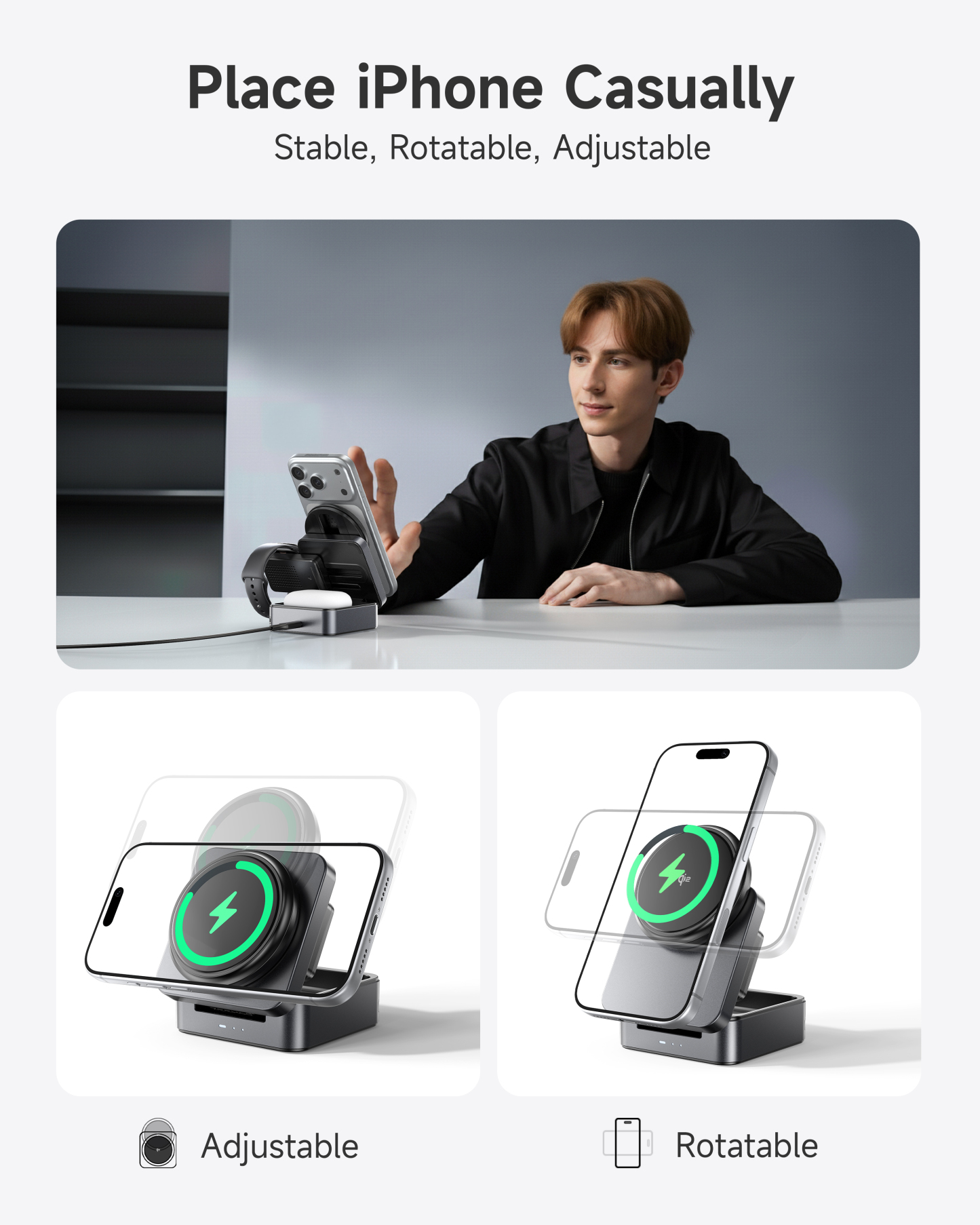 G-OUSSVE | 3-in-1 Foldable Magnetic Wireless Charging Station Qi2 Certified 15W Travel Charger Stand Dock for iPhone 17/16/15/14/13/12 Series Apple Watch AirPods