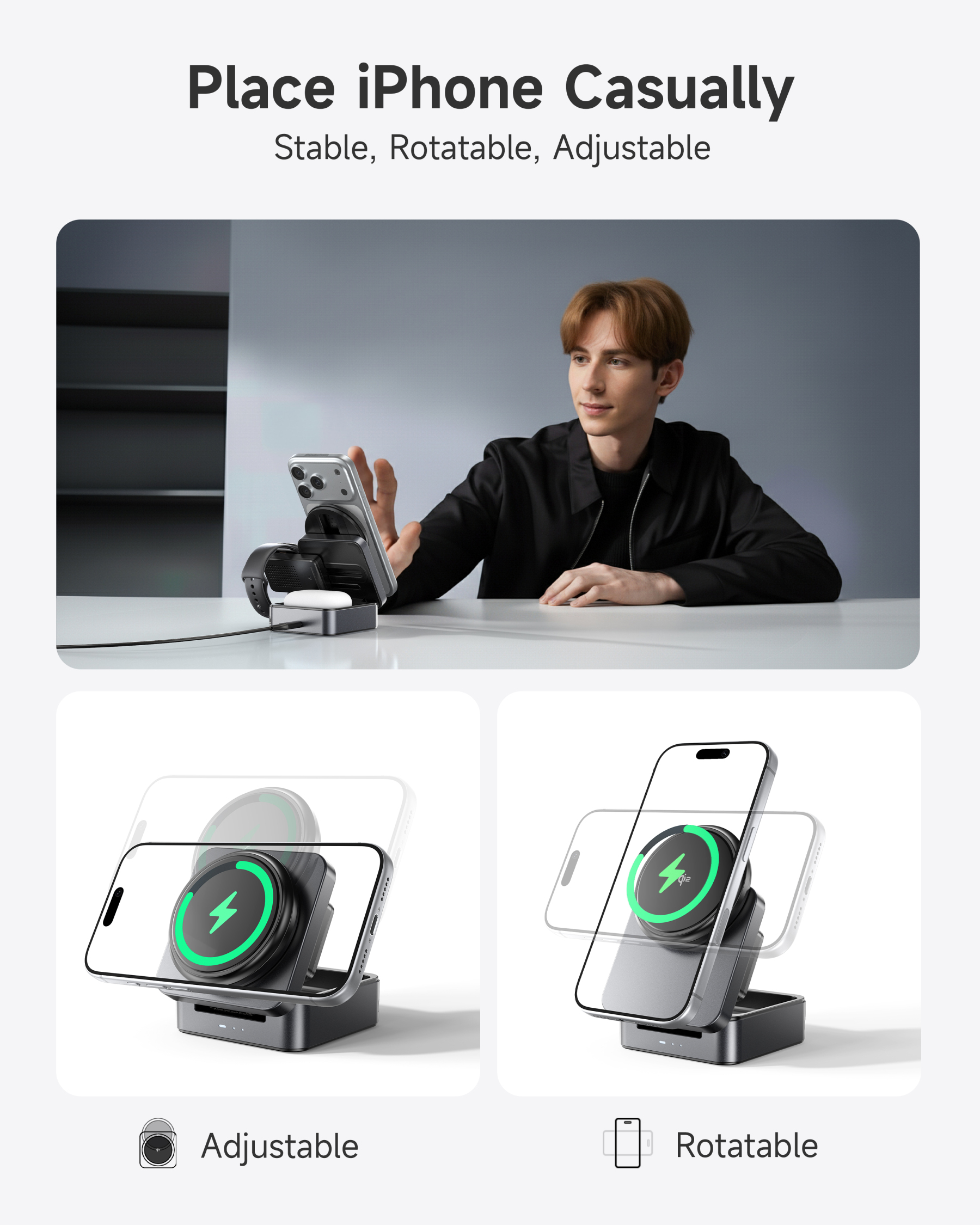 G-OUSSVE | 3-in-1 Foldable Magnetic Wireless Charging Station Qi2 Certified 15W Travel Charger Stand Dock for iPhone 17/16/15/14/13/12 Series Apple Watch AirPods