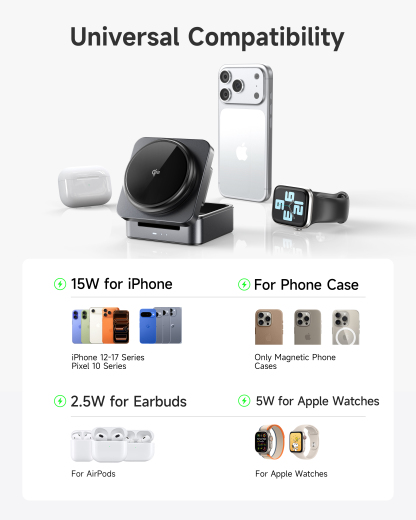 G-OUSSVE | 3-in-1 Foldable Magnetic Wireless Charging Station Qi2 Certified 15W Travel Charger Stand Dock for iPhone 17/16/15/14/13/12 Series Apple Watch AirPods