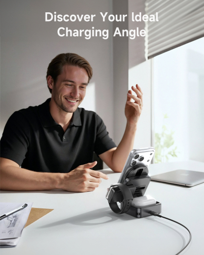 G-OUSSVE | 3-in-1 Foldable Magnetic Wireless Charging Station Qi2 Certified 15W Travel Charger Stand Dock for iPhone 17/16/15/14/13/12 Series Apple Watch AirPods