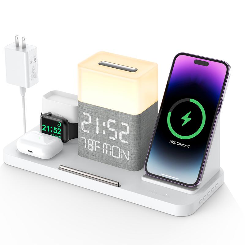 G-OUSSVE｜6 IN 1Fast Charger,Wireless Charging Station For iPhone, Earbuds,iWatch With Night Lamp, Time Clock Digital Mobile Automatic