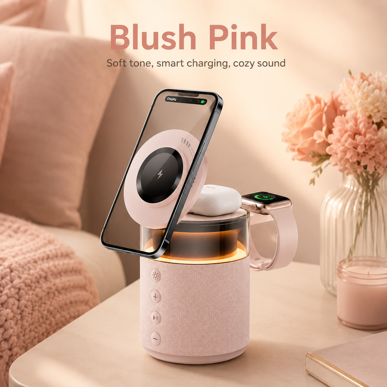 G-OUSSVE 3-in-1 Magnetic Wireless Charging Speaker, Bluetooth Speaker, 15W iPhone Charger, Warm Night Light & Device Stand