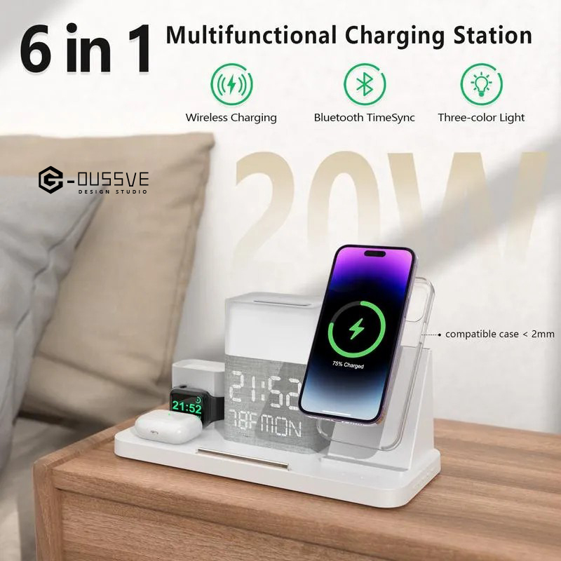 G-OUSSVE｜Wireless Charger iPhone 6 in 1 Charging Station, Charger Stand with Alarm Clock for 15/14/13/12/11 Series & AirPods & Apple Watch